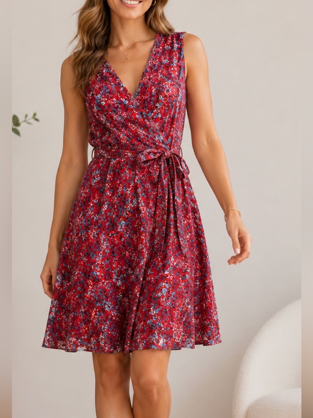 Roz & Ali 6 A-Line Red floral faux wrap belt midi dress cottagecore shabby chic